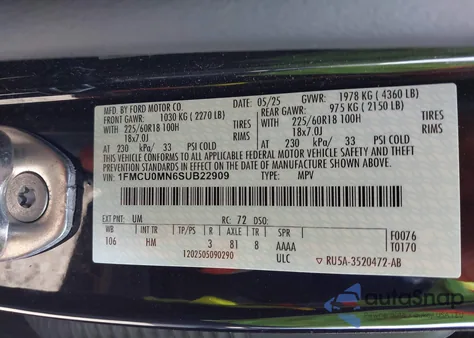 2025 Ford Escape St-Line z USA, uszkodzony, nr VIN 1FMCU0MN6SUB22909